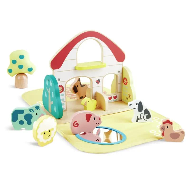 Fermë lodër për fëmijë prej druri me kafshë dhe tapet loje