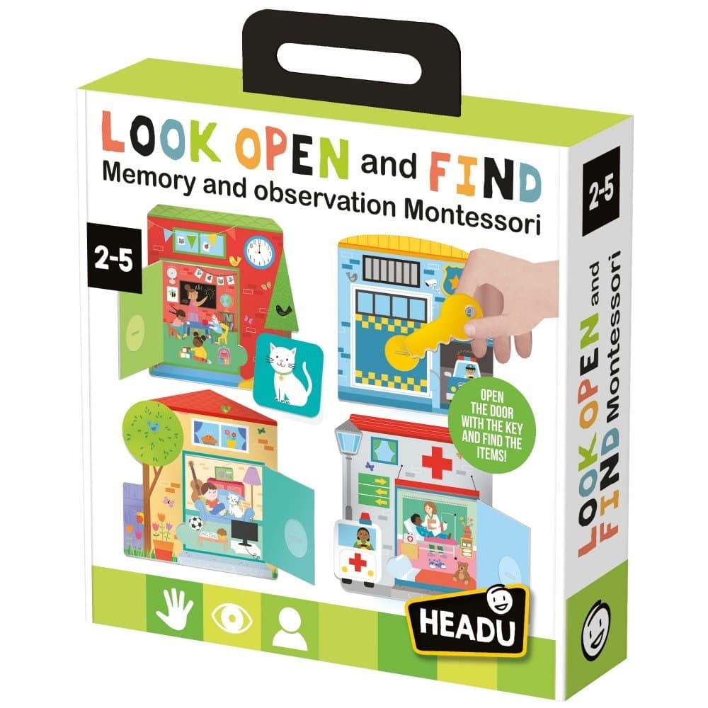 Lojë edukative për fëmijë me kuti dhe dyer që hapen për të kërkuar dhe zbuluar objekte