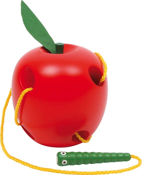 Lodër me lidhje prej druri në formë molle me krimb për zhvillimin e motorikës fine te fëmijët