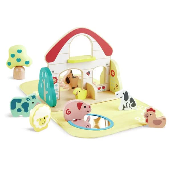 Fermë lodër për fëmijë prej druri me kafshë dhe tapet loje